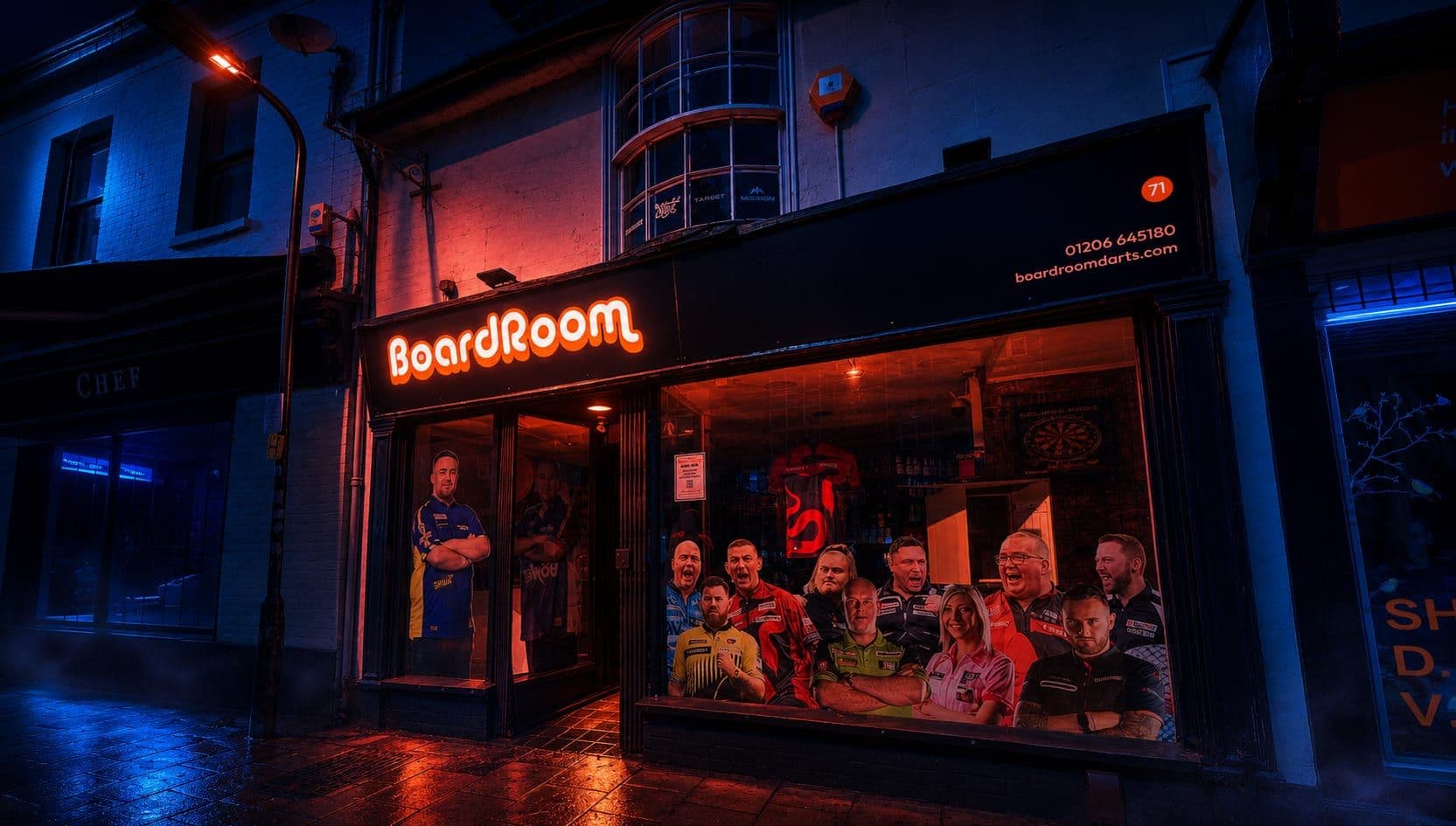 Inside The Boardroom, the wall of darts and kit